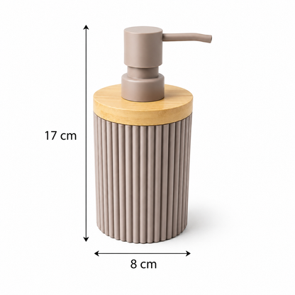 Premium Ribbed Ceramic Soap Dispenser with Bamboo Lid | Modern Refillable Bathroom & Kitchen Liquid Soap Dispenser | Matte Pump | Nordic Design (17 cm)