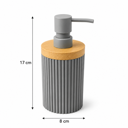 Premium Ribbed Ceramic Soap Dispenser with Bamboo Lid | Modern Refillable Bathroom & Kitchen Liquid Soap Dispenser | Matte Pump | Nordic Design (17 cm)
