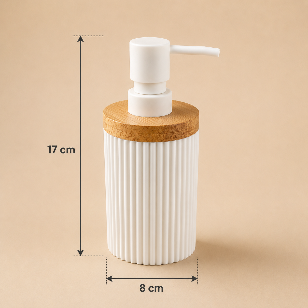 Premium Ribbed Ceramic Soap Dispenser with Bamboo Lid | Modern Refillable Bathroom & Kitchen Liquid Soap Dispenser | Matte Pump | Nordic Design (17 cm)