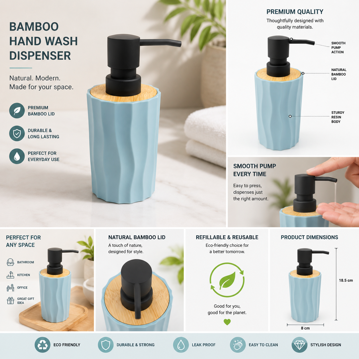 Premium Ceramic Soap Dispenser with Bamboo Lid & Matte Black Pump | Modern Refillable Hand Wash Lotion Dispenser | Bathroom & Kitchen Countertop Soap Pump Bottle