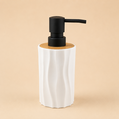 Premium Ceramic Soap Dispenser with Bamboo Lid & Matte Black Pump | Modern Refillable Hand Wash Lotion Dispenser | Bathroom & Kitchen Countertop Soap Pump Bottle
