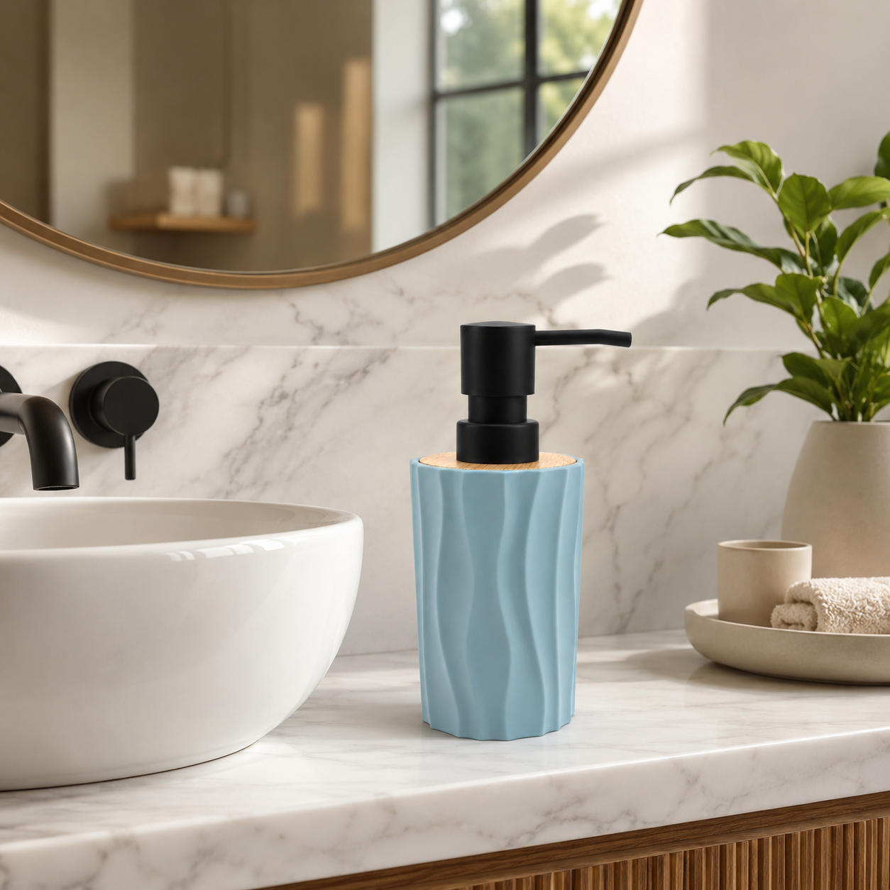 Premium Ceramic Soap Dispenser with Bamboo Lid & Matte Black Pump | Modern Refillable Hand Wash Lotion Dispenser | Bathroom & Kitchen Countertop Soap Pump Bottle