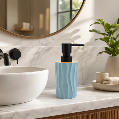 Premium Ceramic Soap Dispenser with Bamboo Lid & Matte Black Pump | Modern Refillable Hand Wash Lotion Dispenser | Bathroom & Kitchen Countertop Soap Pump Bottle