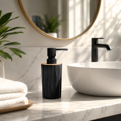 Premium Ceramic Soap Dispenser with Bamboo Lid & Matte Black Pump | Modern Refillable Hand Wash Lotion Dispenser | Bathroom & Kitchen Countertop Soap Pump Bottle