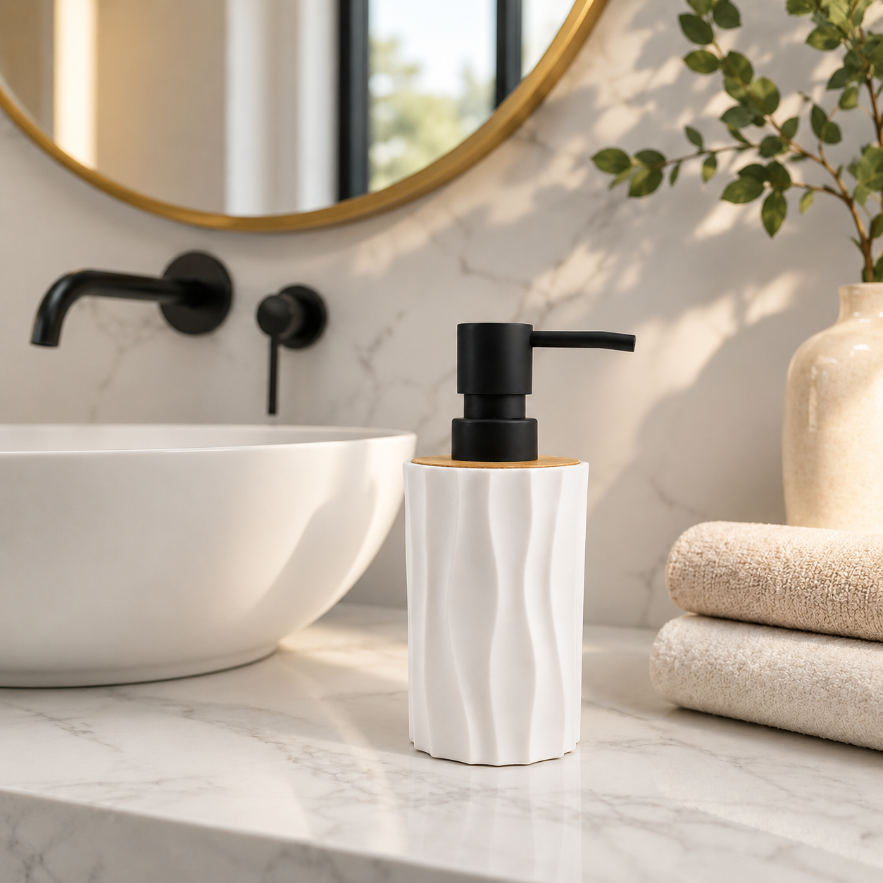 Premium Ceramic Soap Dispenser with Bamboo Lid & Matte Black Pump | Modern Refillable Hand Wash Lotion Dispenser | Bathroom & Kitchen Countertop Soap Pump Bottle