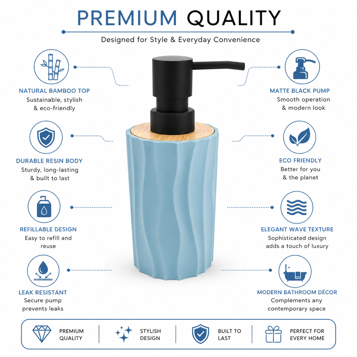 Premium Ceramic Soap Dispenser with Bamboo Lid & Matte Black Pump | Modern Refillable Hand Wash Lotion Dispenser | Bathroom & Kitchen Countertop Soap Pump Bottle