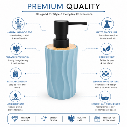 Premium Ceramic Soap Dispenser with Bamboo Lid & Matte Black Pump | Modern Refillable Hand Wash Lotion Dispenser | Bathroom & Kitchen Countertop Soap Pump Bottle