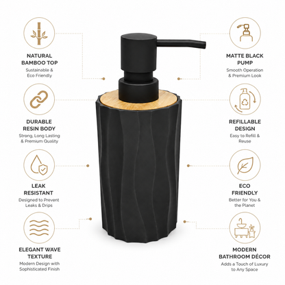 Premium Ceramic Soap Dispenser with Bamboo Lid & Matte Black Pump | Modern Refillable Hand Wash Lotion Dispenser | Bathroom & Kitchen Countertop Soap Pump Bottle
