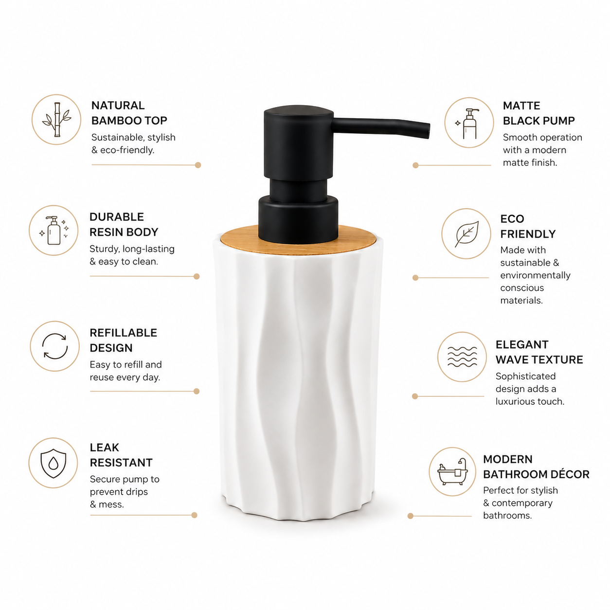 Premium Ceramic Soap Dispenser with Bamboo Lid & Matte Black Pump | Modern Refillable Hand Wash Lotion Dispenser | Bathroom & Kitchen Countertop Soap Pump Bottle