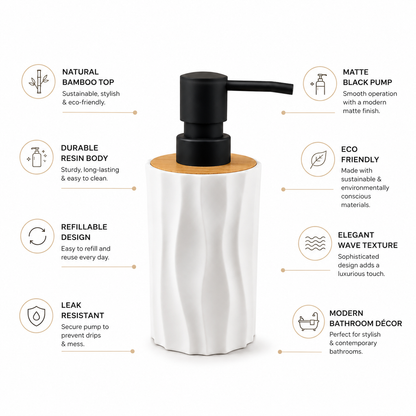 Premium Ceramic Soap Dispenser with Bamboo Lid & Matte Black Pump | Modern Refillable Hand Wash Lotion Dispenser | Bathroom & Kitchen Countertop Soap Pump Bottle