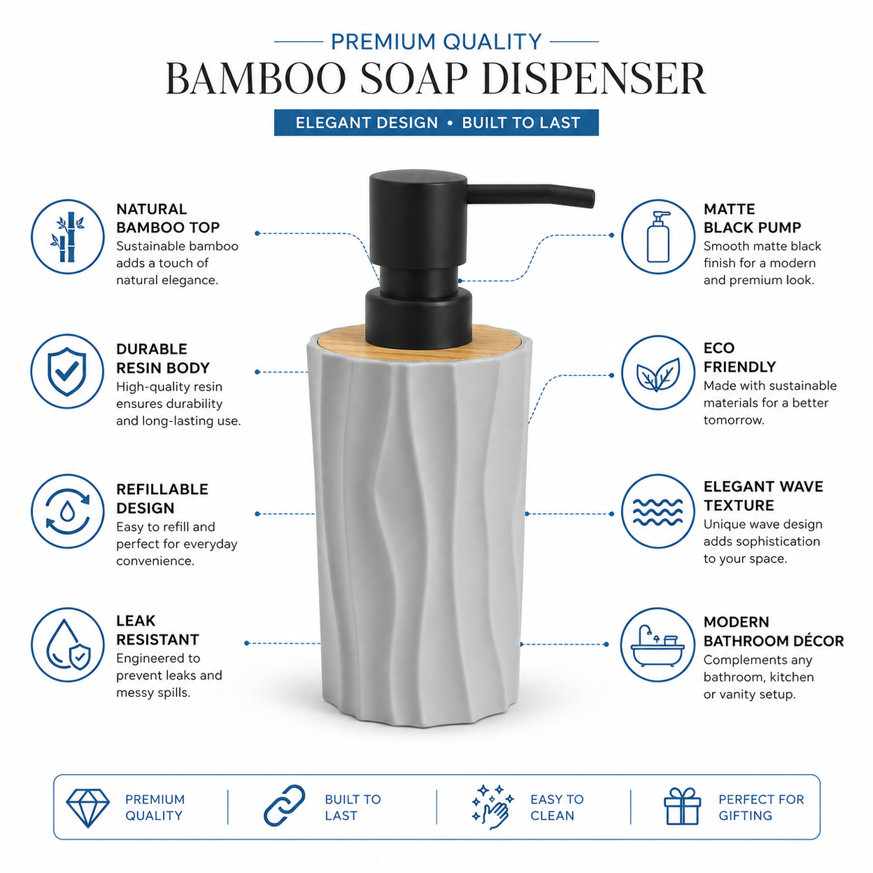 Premium Ceramic Soap Dispenser with Bamboo Lid & Matte Black Pump | Modern Refillable Hand Wash Lotion Dispenser | Bathroom & Kitchen Countertop Soap Pump Bottle