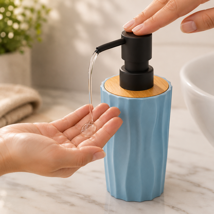 Premium Ceramic Soap Dispenser with Bamboo Lid & Matte Black Pump | Modern Refillable Hand Wash Lotion Dispenser | Bathroom & Kitchen Countertop Soap Pump Bottle
