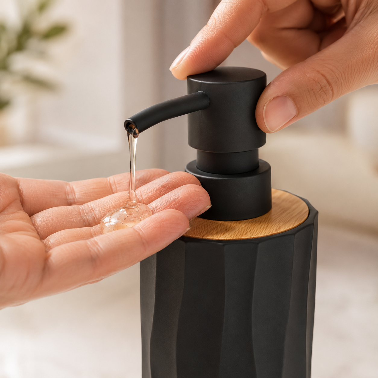 Premium Ceramic Soap Dispenser with Bamboo Lid & Matte Black Pump | Modern Refillable Hand Wash Lotion Dispenser | Bathroom & Kitchen Countertop Soap Pump Bottle
