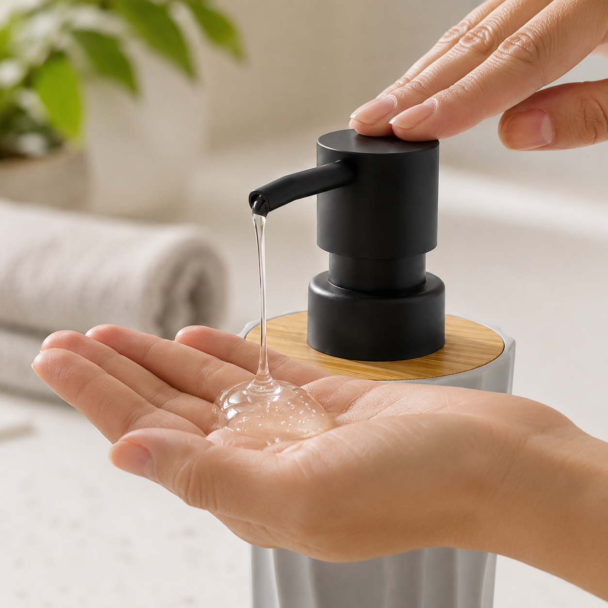 Premium Ceramic Soap Dispenser with Bamboo Lid & Matte Black Pump | Modern Refillable Hand Wash Lotion Dispenser | Bathroom & Kitchen Countertop Soap Pump Bottle