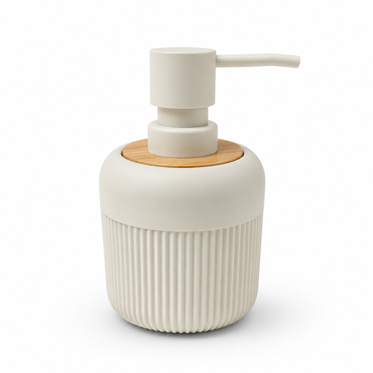 Premium Ribbed Ceramic Soap Dispenser with Bamboo Lid & Matte Pump | Refillable Bathroom & Kitchen Liquid Soap Dispenser | Modern Nordic Hand Wash Dispenser (350–400 ml)