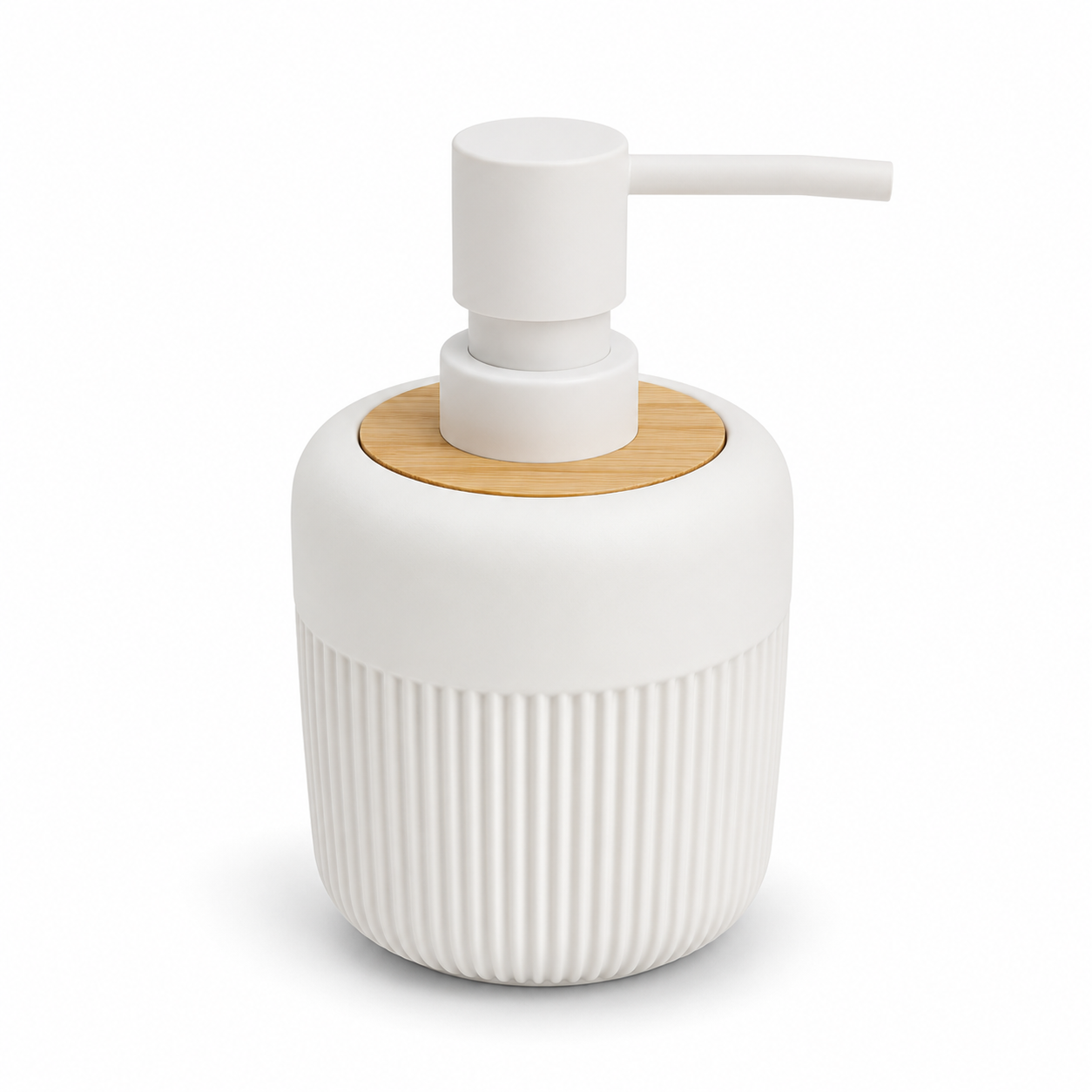 Premium Ribbed Ceramic Soap Dispenser with Bamboo Lid & Matte Pump | Refillable Bathroom & Kitchen Liquid Soap Dispenser | Modern Nordic Hand Wash Dispenser (350–400 ml)