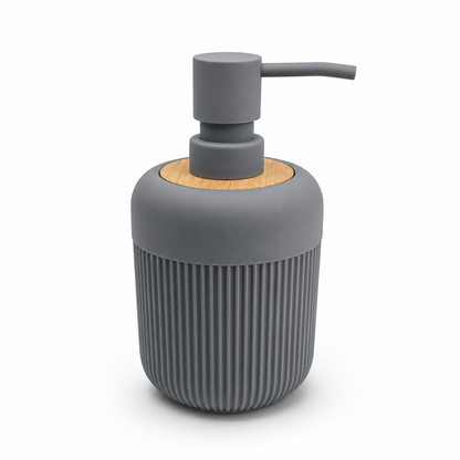 Premium Ribbed Ceramic Soap Dispenser with Bamboo Lid & Matte Pump | Refillable Bathroom & Kitchen Liquid Soap Dispenser | Modern Nordic Hand Wash Dispenser (350–400 ml)