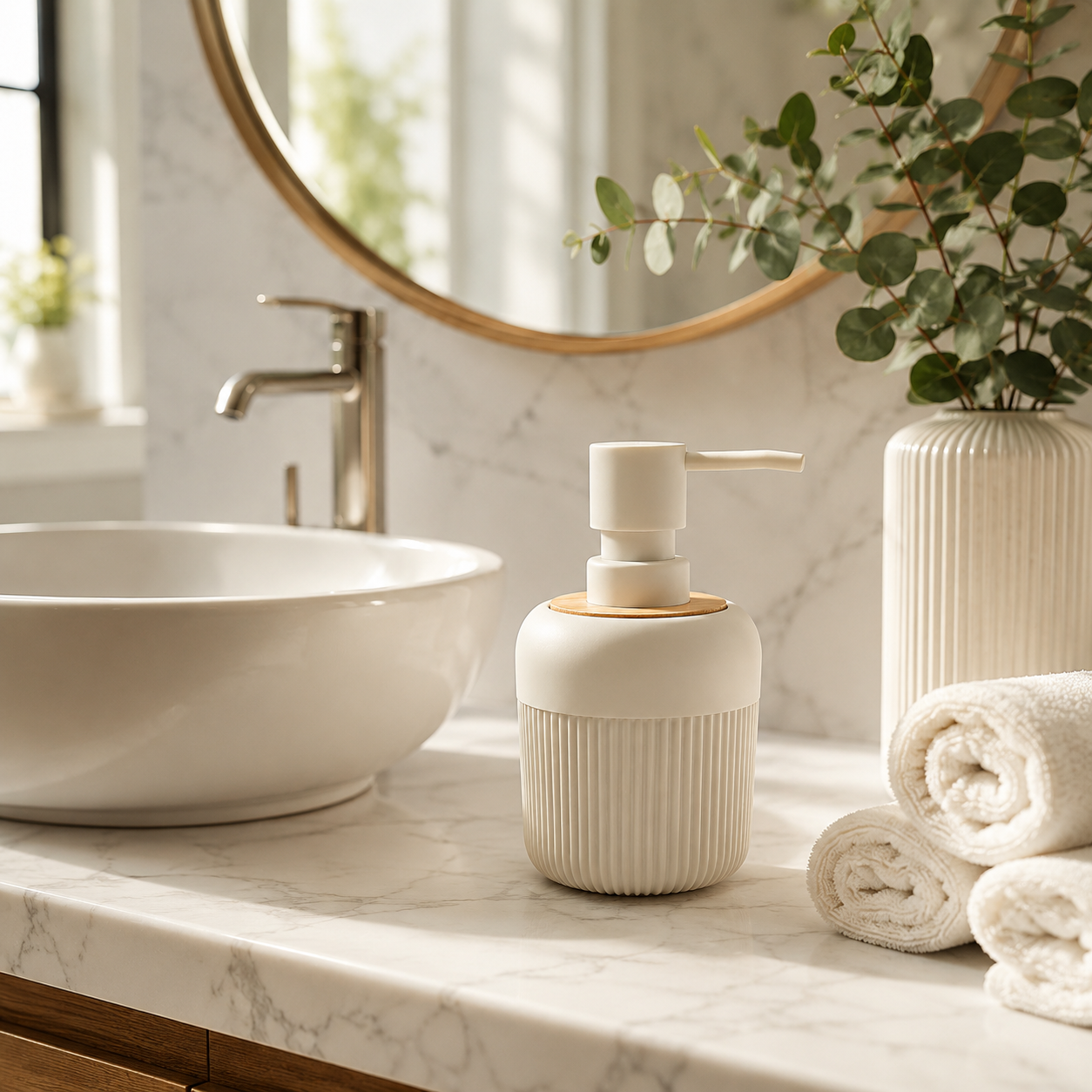 Premium Ribbed Ceramic Soap Dispenser with Bamboo Lid & Matte Pump | Refillable Bathroom & Kitchen Liquid Soap Dispenser | Modern Nordic Hand Wash Dispenser (350–400 ml)