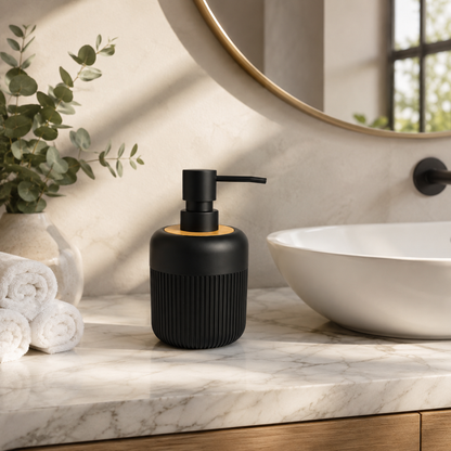 Premium Ribbed Ceramic Soap Dispenser with Bamboo Lid & Matte Pump | Refillable Bathroom & Kitchen Liquid Soap Dispenser | Modern Nordic Hand Wash Dispenser (350–400 ml)
