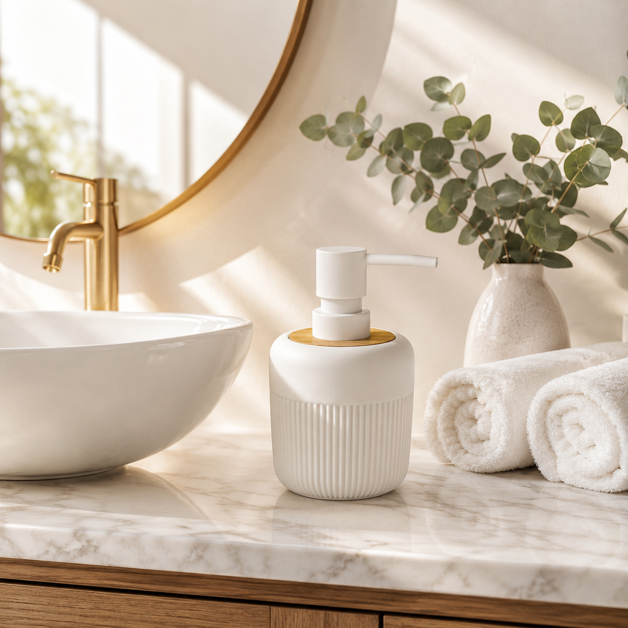 Premium Ribbed Ceramic Soap Dispenser with Bamboo Lid & Matte Pump | Refillable Bathroom & Kitchen Liquid Soap Dispenser | Modern Nordic Hand Wash Dispenser (350–400 ml)