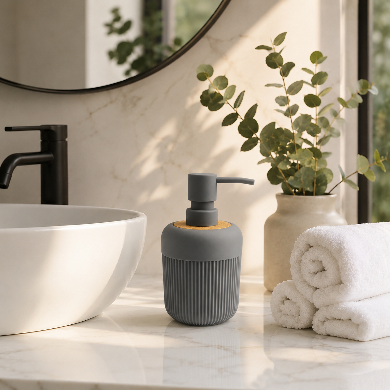 Premium Ribbed Ceramic Soap Dispenser with Bamboo Lid & Matte Pump | Refillable Bathroom & Kitchen Liquid Soap Dispenser | Modern Nordic Hand Wash Dispenser (350–400 ml)