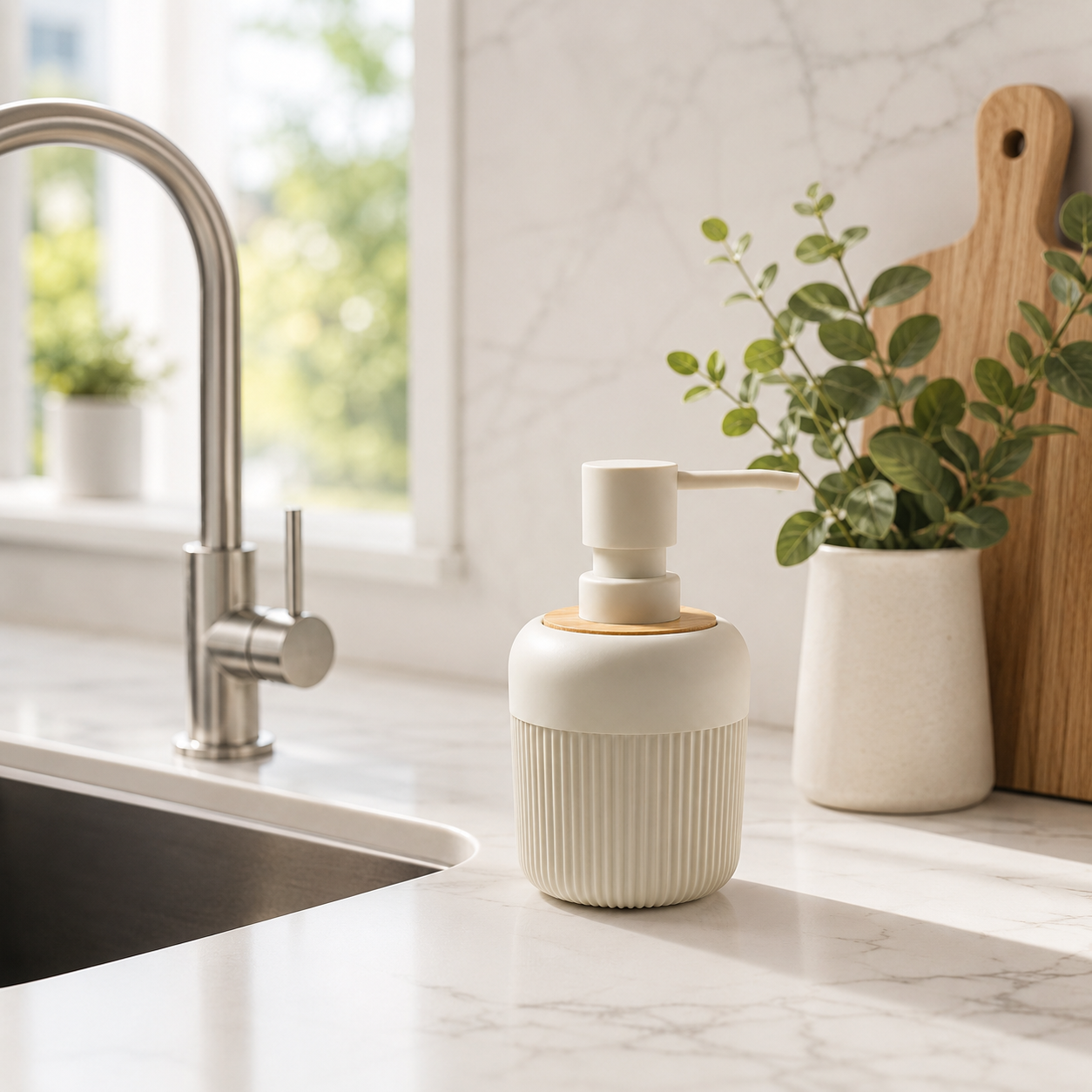 Premium Ribbed Ceramic Soap Dispenser with Bamboo Lid & Matte Pump | Refillable Bathroom & Kitchen Liquid Soap Dispenser | Modern Nordic Hand Wash Dispenser (350–400 ml)