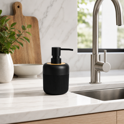Premium Ribbed Ceramic Soap Dispenser with Bamboo Lid & Matte Pump | Refillable Bathroom & Kitchen Liquid Soap Dispenser | Modern Nordic Hand Wash Dispenser (350–400 ml)