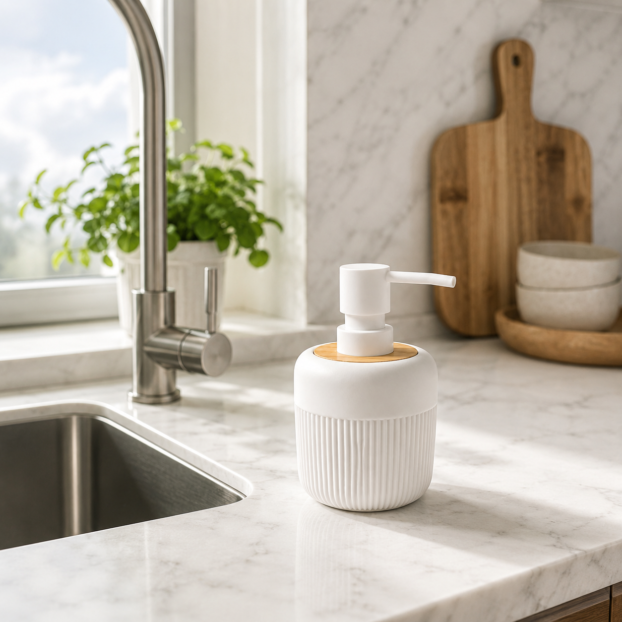 Premium Ribbed Ceramic Soap Dispenser with Bamboo Lid & Matte Pump | Refillable Bathroom & Kitchen Liquid Soap Dispenser | Modern Nordic Hand Wash Dispenser (350–400 ml)