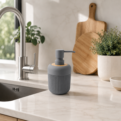 Premium Ribbed Ceramic Soap Dispenser with Bamboo Lid & Matte Pump | Refillable Bathroom & Kitchen Liquid Soap Dispenser | Modern Nordic Hand Wash Dispenser (350–400 ml)