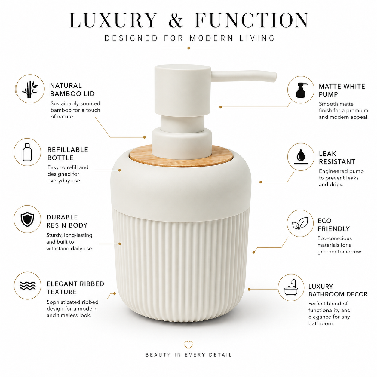 Premium Ribbed Ceramic Soap Dispenser with Bamboo Lid & Matte Pump | Refillable Bathroom & Kitchen Liquid Soap Dispenser | Modern Nordic Hand Wash Dispenser (350–400 ml)