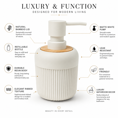 Premium Ribbed Ceramic Soap Dispenser with Bamboo Lid & Matte Pump | Refillable Bathroom & Kitchen Liquid Soap Dispenser | Modern Nordic Hand Wash Dispenser (350–400 ml)