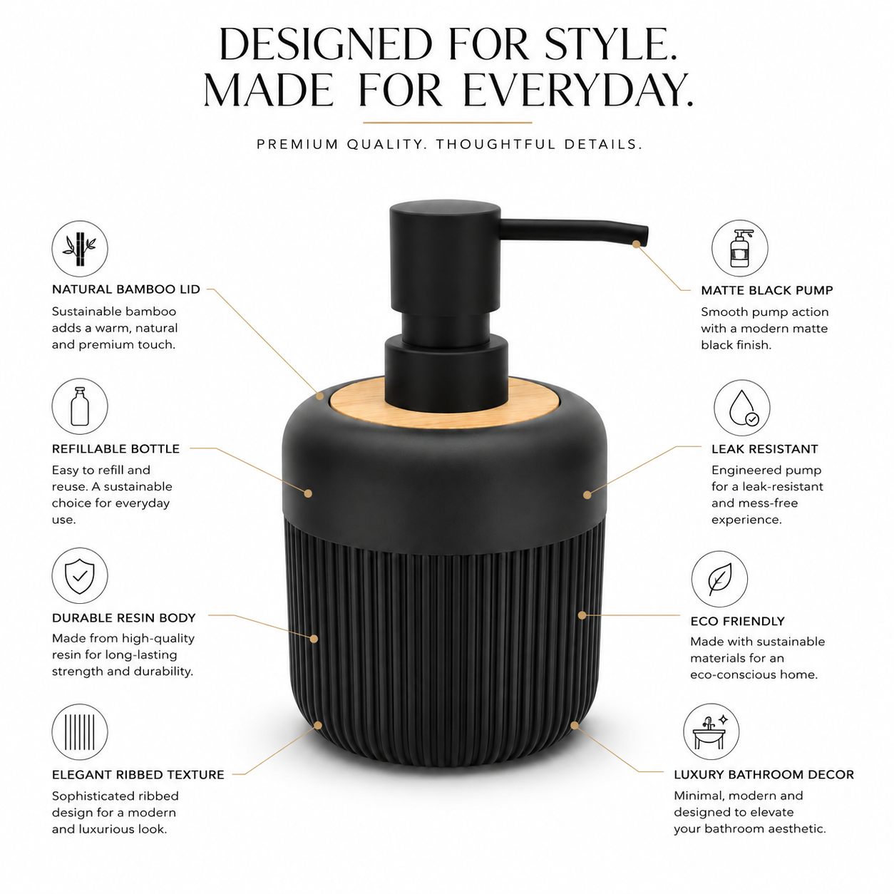Premium Ribbed Ceramic Soap Dispenser with Bamboo Lid & Matte Pump | Refillable Bathroom & Kitchen Liquid Soap Dispenser | Modern Nordic Hand Wash Dispenser (350–400 ml)