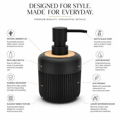 Premium Ribbed Ceramic Soap Dispenser with Bamboo Lid & Matte Pump | Refillable Bathroom & Kitchen Liquid Soap Dispenser | Modern Nordic Hand Wash Dispenser (350–400 ml)