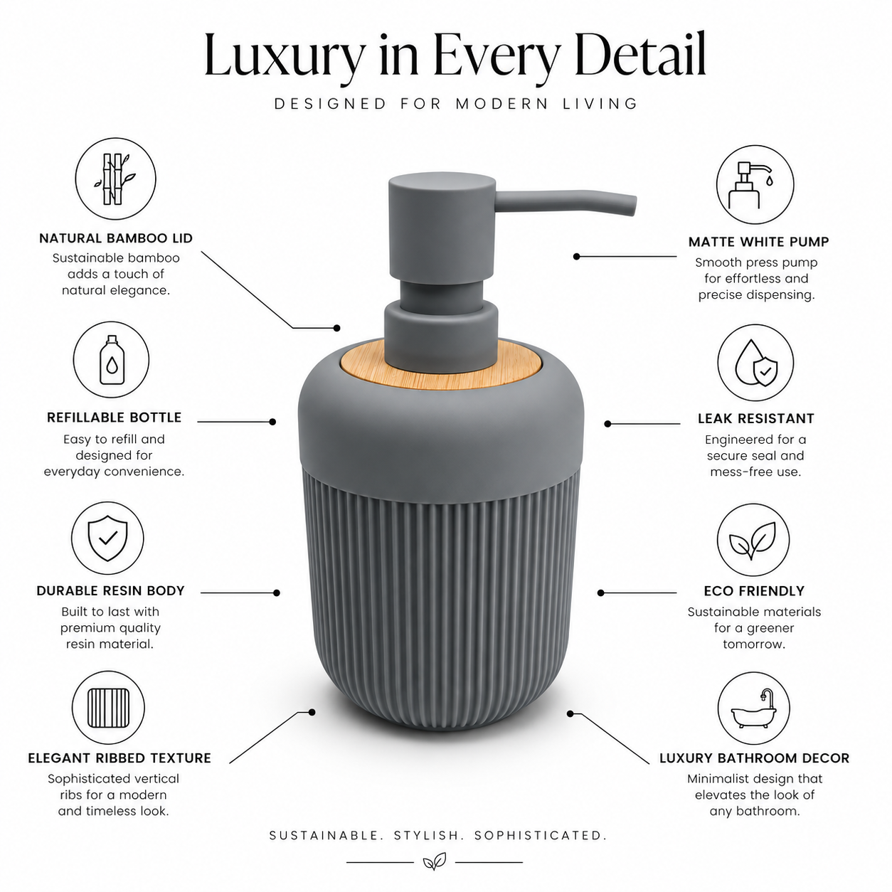 Premium Ribbed Ceramic Soap Dispenser with Bamboo Lid & Matte Pump | Refillable Bathroom & Kitchen Liquid Soap Dispenser | Modern Nordic Hand Wash Dispenser (350–400 ml)