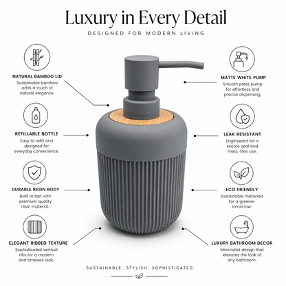 Premium Ribbed Ceramic Soap Dispenser with Bamboo Lid & Matte Pump | Refillable Bathroom & Kitchen Liquid Soap Dispenser | Modern Nordic Hand Wash Dispenser (350–400 ml)