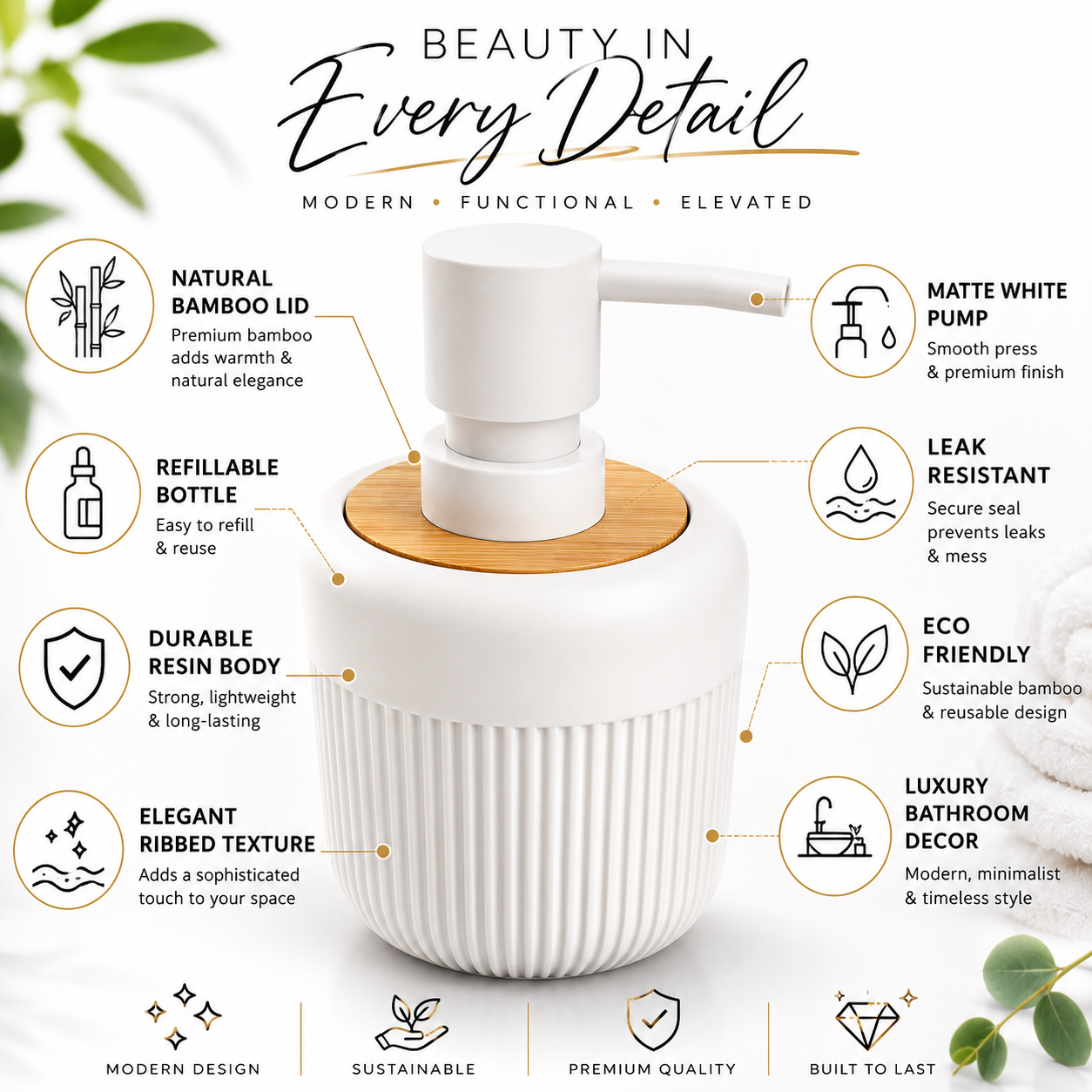 Premium Ribbed Ceramic Soap Dispenser with Bamboo Lid & Matte Pump | Refillable Bathroom & Kitchen Liquid Soap Dispenser | Modern Nordic Hand Wash Dispenser (350–400 ml)