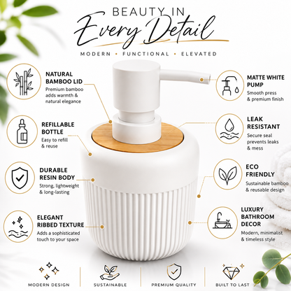 Premium Ribbed Ceramic Soap Dispenser with Bamboo Lid & Matte Pump | Refillable Bathroom & Kitchen Liquid Soap Dispenser | Modern Nordic Hand Wash Dispenser (350–400 ml)