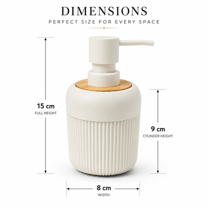 Premium Ribbed Ceramic Soap Dispenser with Bamboo Lid & Matte Pump | Refillable Bathroom & Kitchen Liquid Soap Dispenser | Modern Nordic Hand Wash Dispenser (350–400 ml)