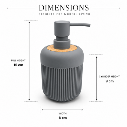 Premium Ribbed Ceramic Soap Dispenser with Bamboo Lid & Matte Pump | Refillable Bathroom & Kitchen Liquid Soap Dispenser | Modern Nordic Hand Wash Dispenser (350–400 ml)