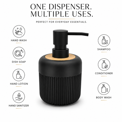 Premium Ribbed Ceramic Soap Dispenser with Bamboo Lid & Matte Pump | Refillable Bathroom & Kitchen Liquid Soap Dispenser | Modern Nordic Hand Wash Dispenser (350–400 ml)