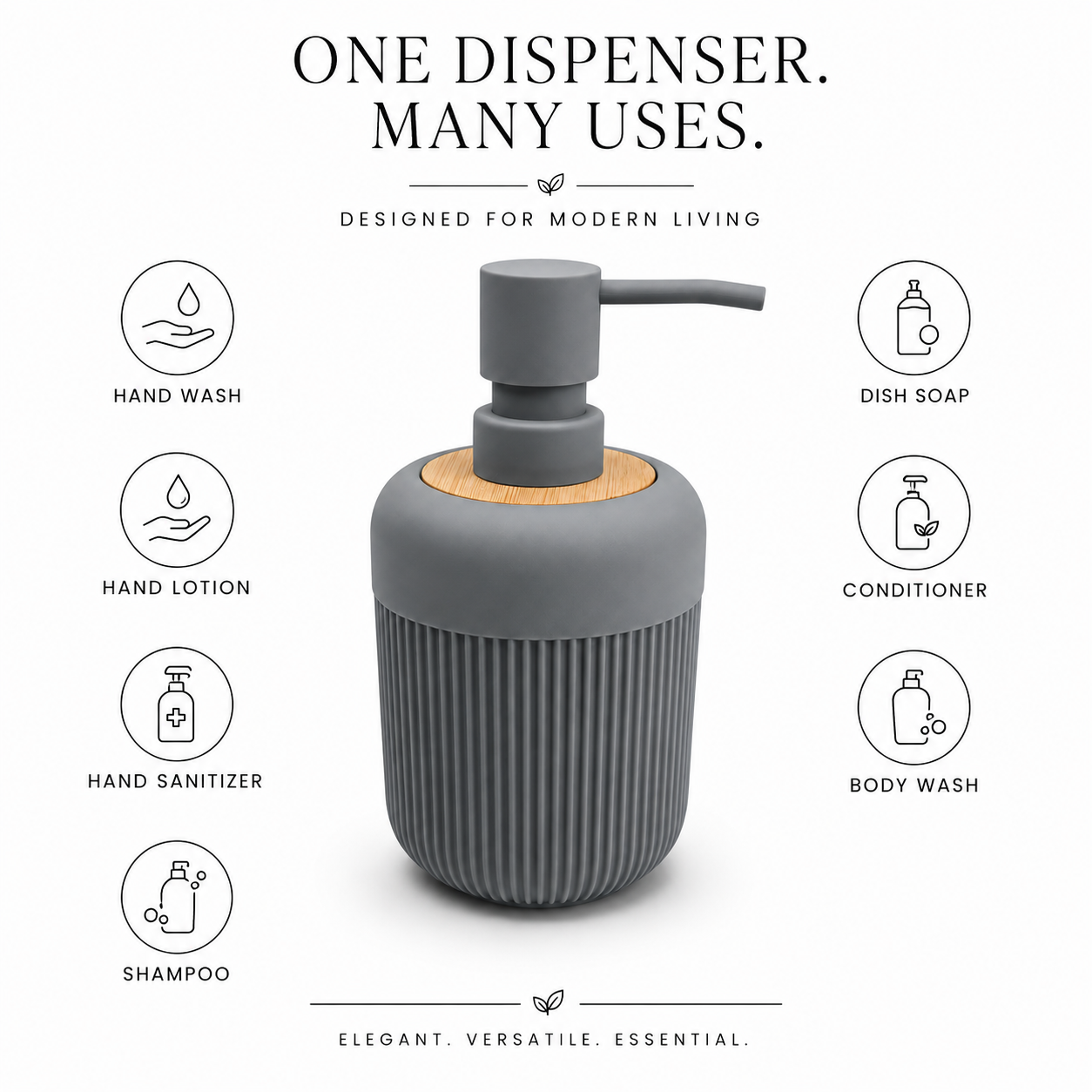 Premium Ribbed Ceramic Soap Dispenser with Bamboo Lid & Matte Pump | Refillable Bathroom & Kitchen Liquid Soap Dispenser | Modern Nordic Hand Wash Dispenser (350–400 ml)