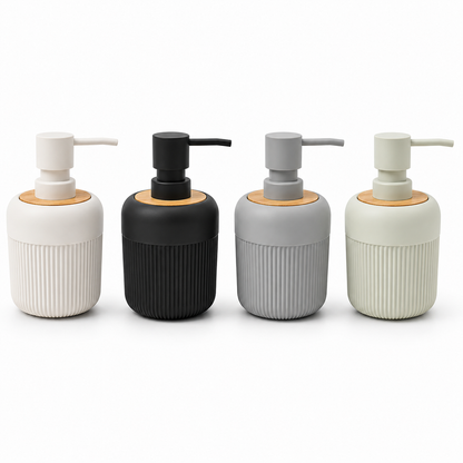 Premium Ribbed Ceramic Soap Dispenser with Bamboo Lid & Matte Pump | Refillable Bathroom & Kitchen Liquid Soap Dispenser | Modern Nordic Hand Wash Dispenser (350–400 ml)