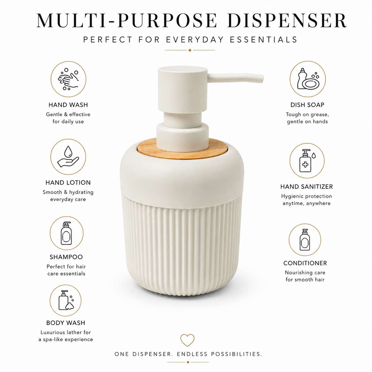 Premium Ribbed Ceramic Soap Dispenser with Bamboo Lid & Matte Pump | Refillable Bathroom & Kitchen Liquid Soap Dispenser | Modern Nordic Hand Wash Dispenser (350–400 ml)