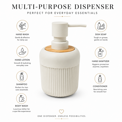 Premium Ribbed Ceramic Soap Dispenser with Bamboo Lid & Matte Pump | Refillable Bathroom & Kitchen Liquid Soap Dispenser | Modern Nordic Hand Wash Dispenser (350–400 ml)
