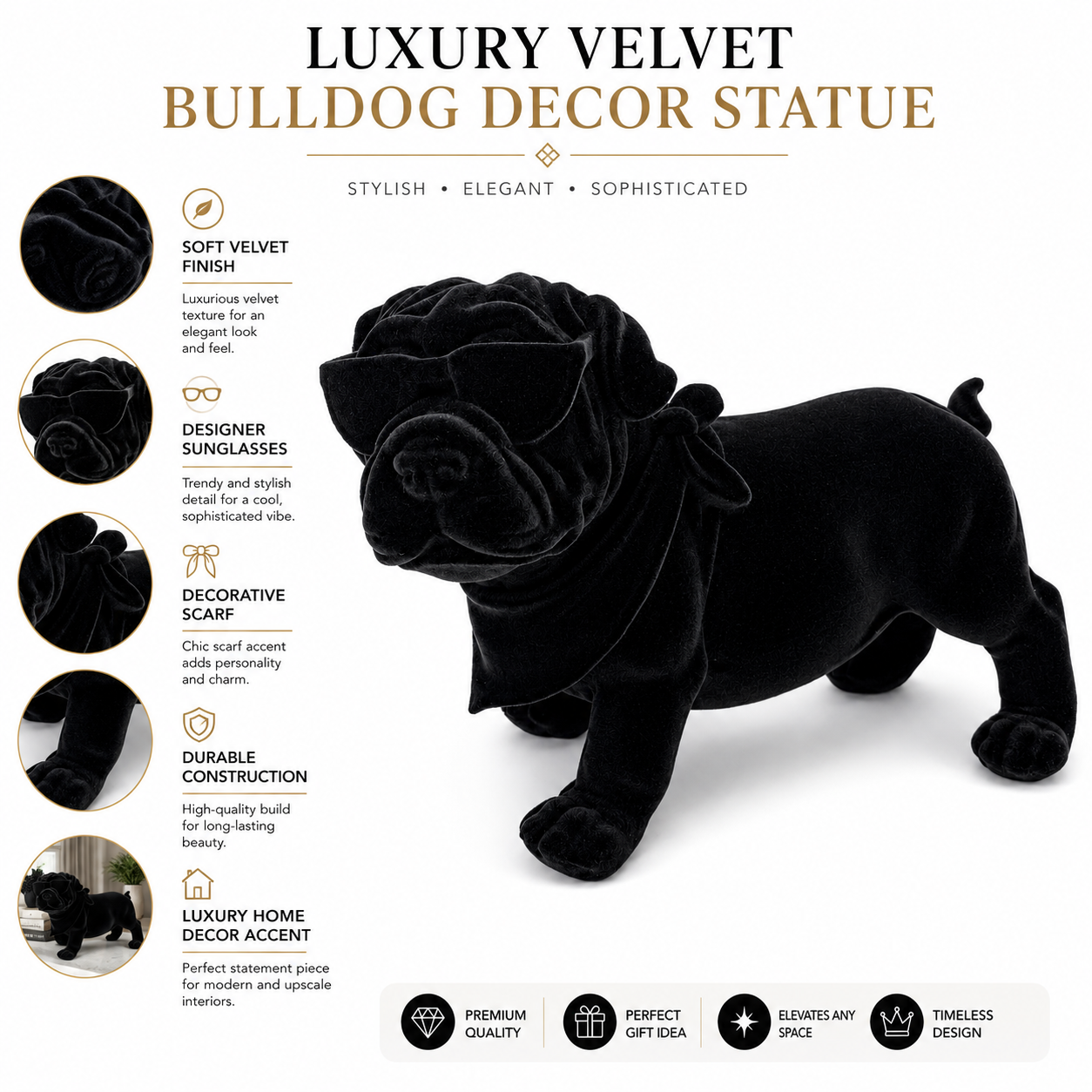 Premium Velvet Bulldog Showpiece with Sunglasses