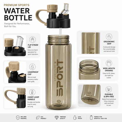 Haily SPORT+ Tritan Sports Water Bottle 1000ml | Leakproof BPA-Free Gym Water Bottle with Carry Loop