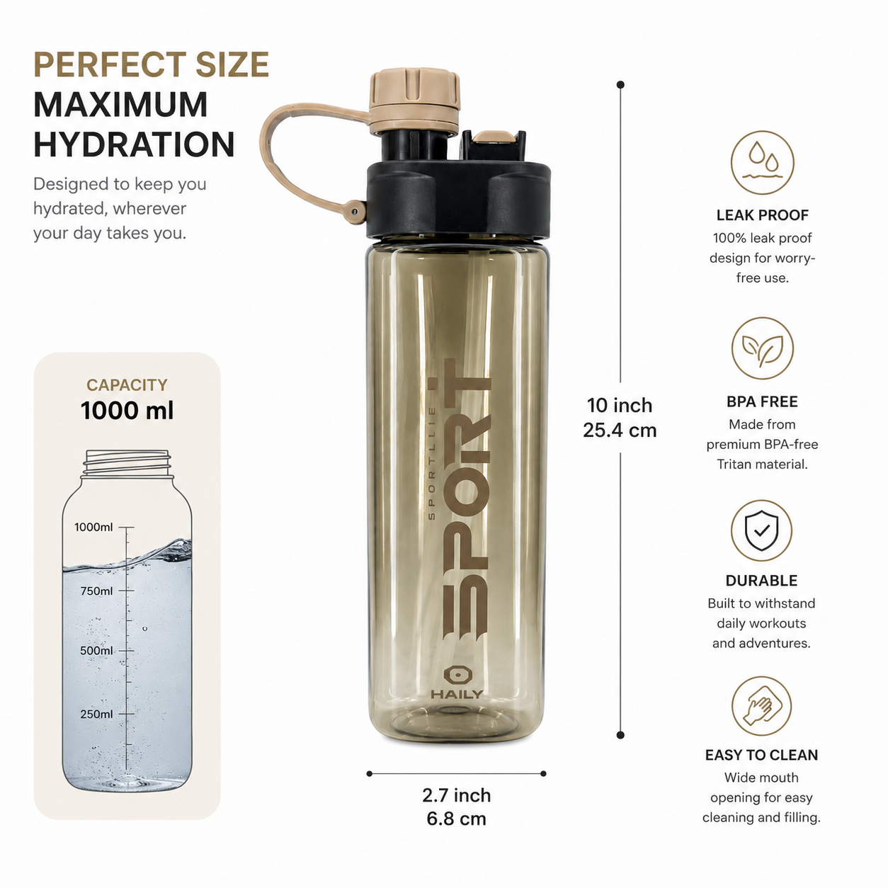 Haily SPORT+ Tritan Sports Water Bottle 1000ml | Leakproof BPA-Free Gym Water Bottle with Carry Loop