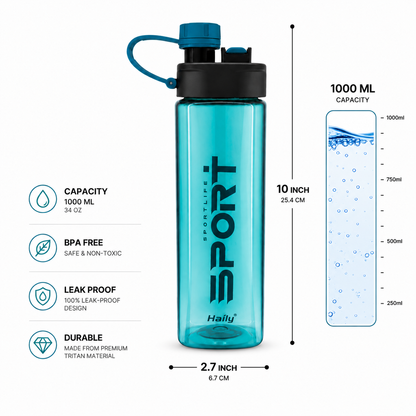 Haily SPORT+ Tritan Sports Water Bottle 1000ml | Leakproof BPA-Free Gym Water Bottle with Carry Loop