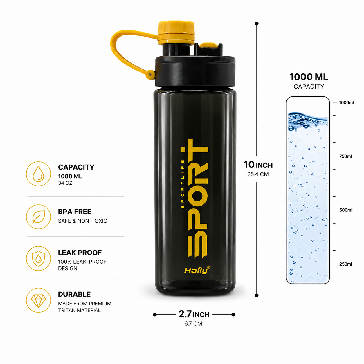 Haily SPORT+ Tritan Sports Water Bottle 1000ml | Leakproof BPA-Free Gym Water Bottle with Carry Loop
