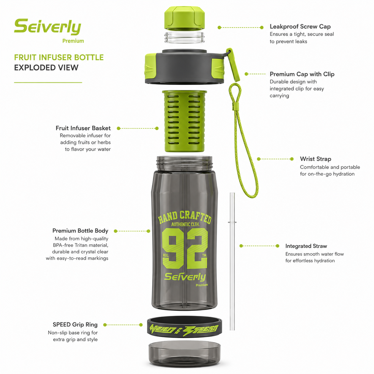 Seiverly Premium Fruit Infuser Water Bottle with Removable Infusion Rod | Leakproof Sports & Fitness Water Bottle with Carry Strap